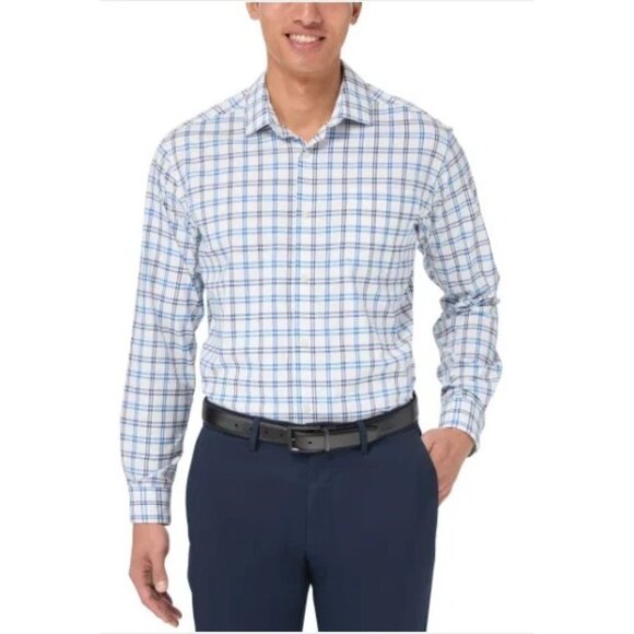NEW Kirkland Signature Men's L Performance Sport Dress Shirt Blue/White Plaid - Picture 1 of 8
